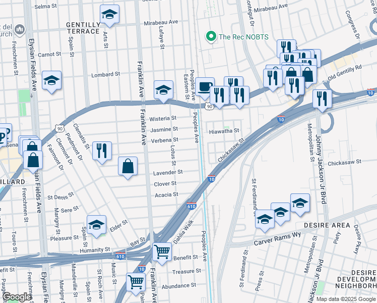 map of restaurants, bars, coffee shops, grocery stores, and more near 2752 Gladiolus Street in New Orleans