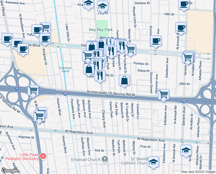 map of restaurants, bars, coffee shops, grocery stores, and more near 3020 Lake Villa Drive in Metairie