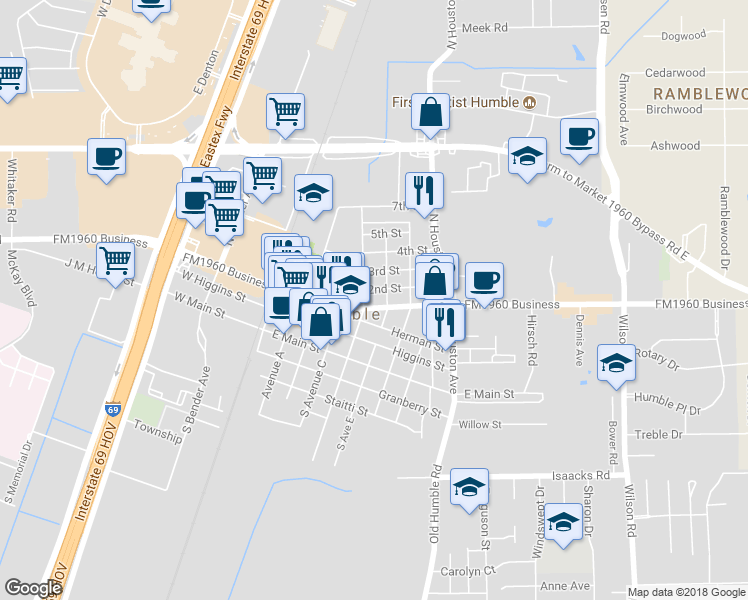 map of restaurants, bars, coffee shops, grocery stores, and more near 511 1st Street East in Humble