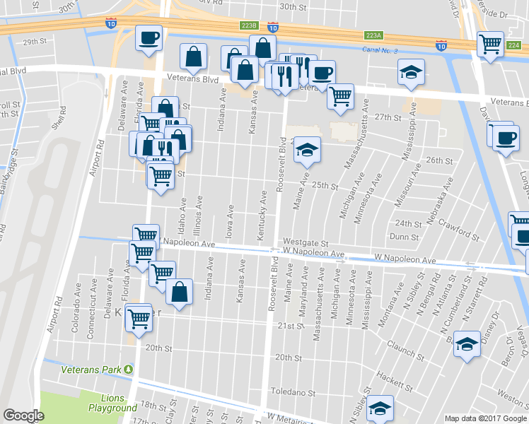 map of restaurants, bars, coffee shops, grocery stores, and more near 2408 Kentucky Avenue in Kenner
