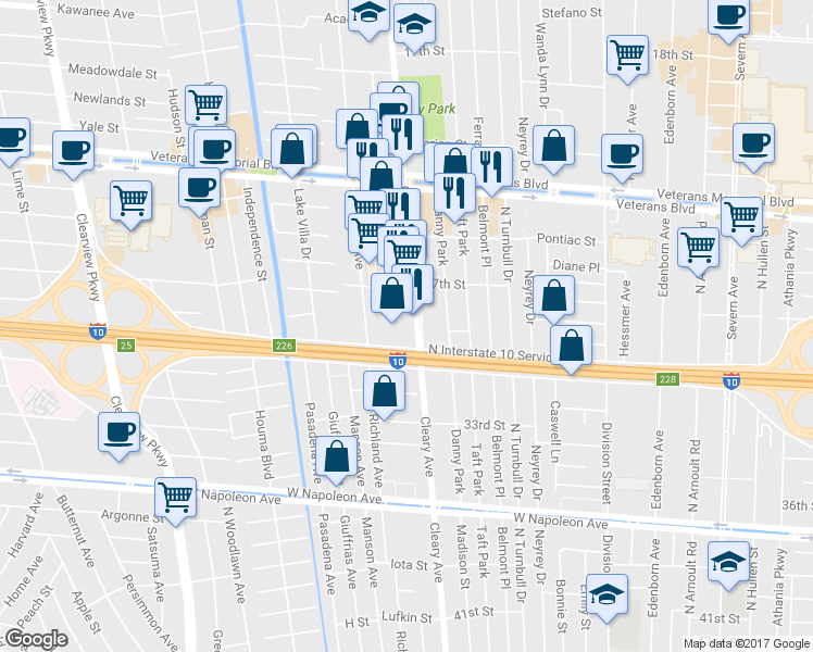 map of restaurants, bars, coffee shops, grocery stores, and more near 4816 Rye Street in Metairie