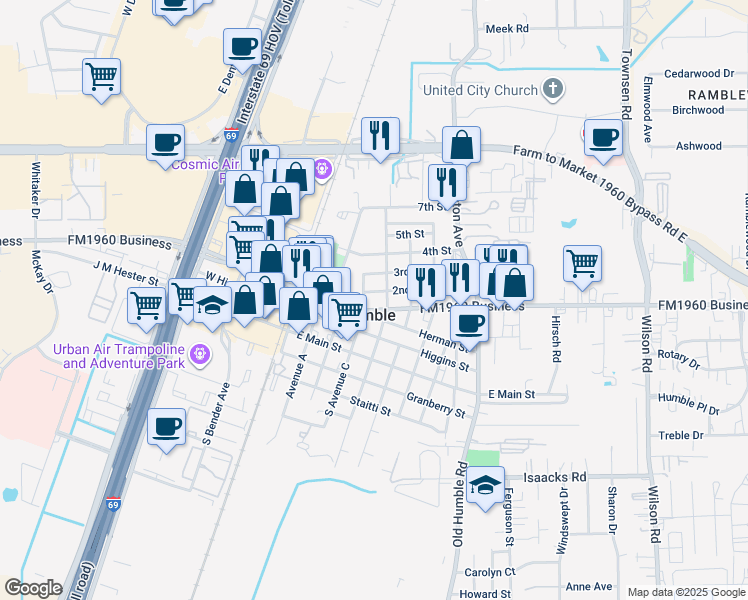 map of restaurants, bars, coffee shops, grocery stores, and more near 408 1/2 2nd Street in Humble