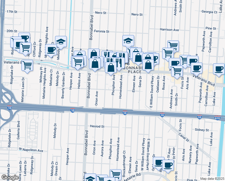 map of restaurants, bars, coffee shops, grocery stores, and more near 706 Phosphor Avenue in Metairie
