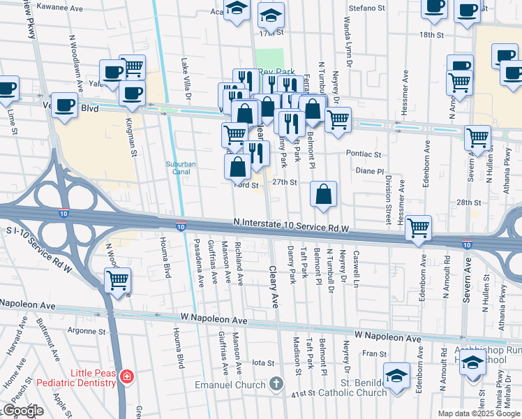 map of restaurants, bars, coffee shops, grocery stores, and more near 2882 Cleary Avenue in Metairie
