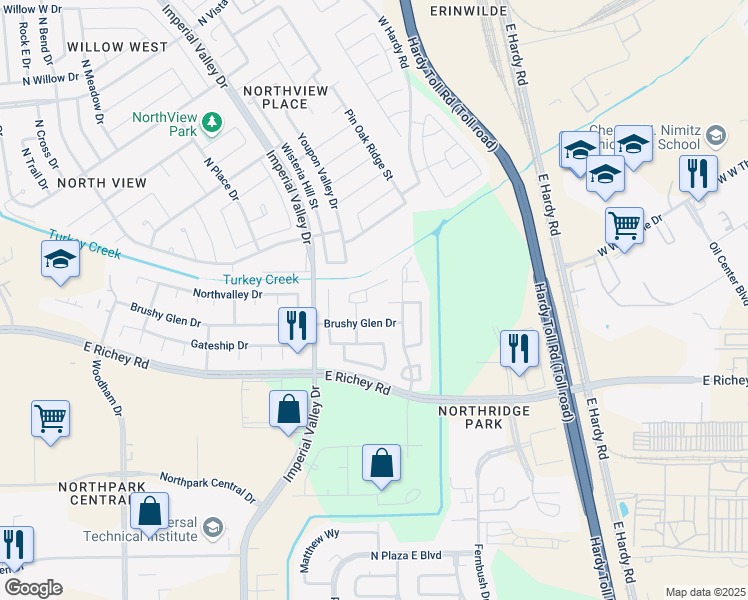 map of restaurants, bars, coffee shops, grocery stores, and more near 21130 Hidden Bridle Court in Houston