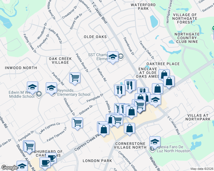 map of restaurants, bars, coffee shops, grocery stores, and more near 14927 Walters Road in Houston