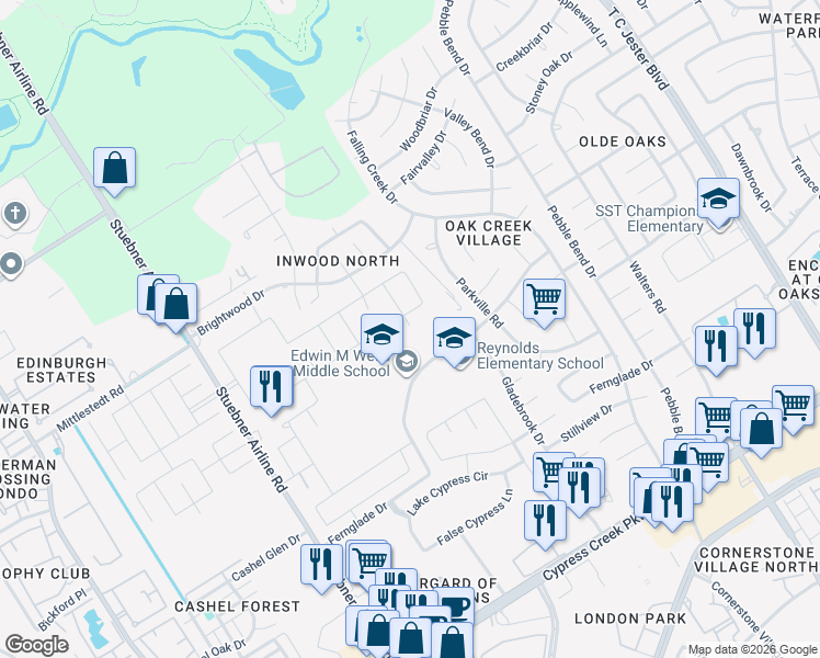 map of restaurants, bars, coffee shops, grocery stores, and more near 3906 Gladeridge Drive in Houston