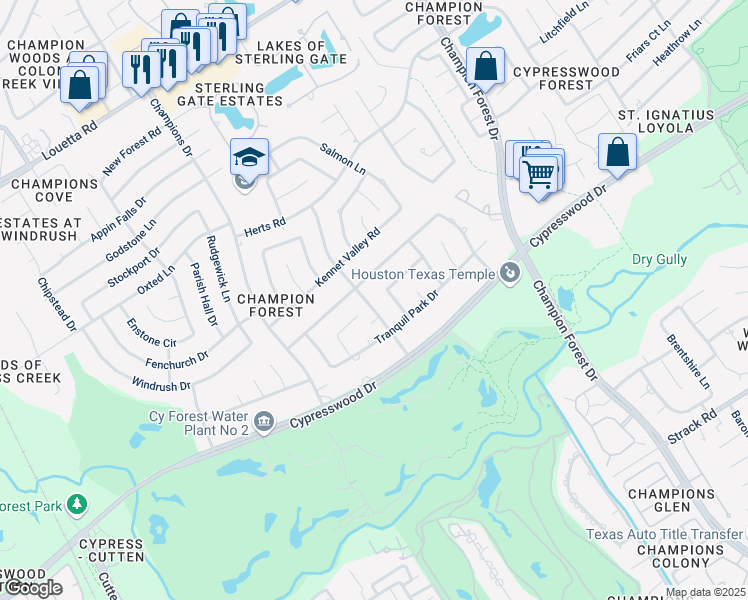 map of restaurants, bars, coffee shops, grocery stores, and more near 8827 Ashridge Park Drive in Spring