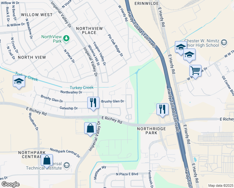 map of restaurants, bars, coffee shops, grocery stores, and more near 21130 Hidden Bridle Court in Houston