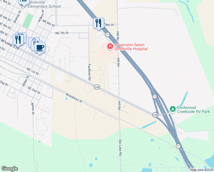 map of restaurants, bars, coffee shops, grocery stores, and more near 321 Quail Run Lane in Smithville