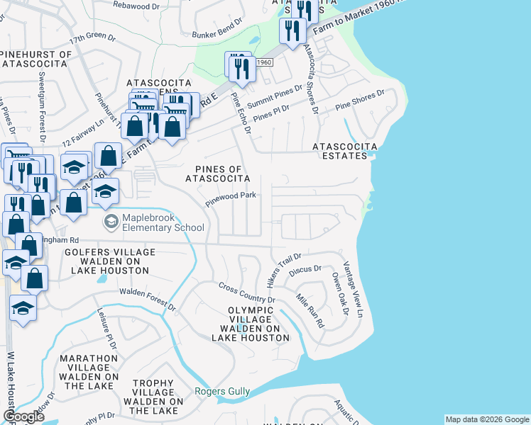 map of restaurants, bars, coffee shops, grocery stores, and more near 19402 Pinewood Bluff Lane in Humble
