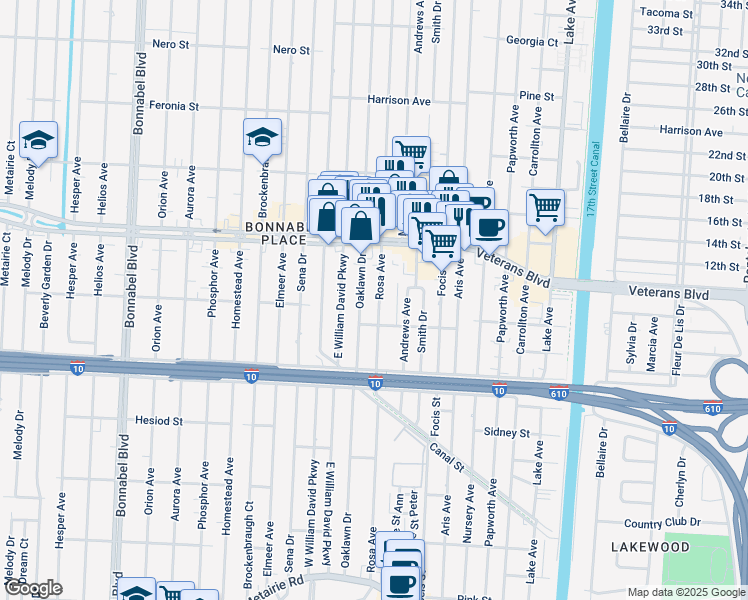map of restaurants, bars, coffee shops, grocery stores, and more near 645 Rosa Avenue in Metairie