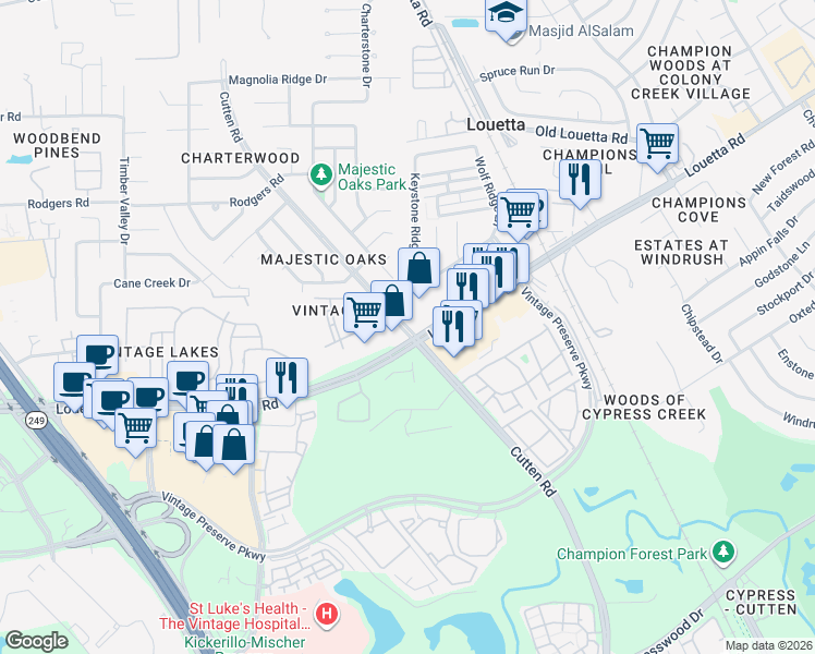 map of restaurants, bars, coffee shops, grocery stores, and more near 15742 Cutten Road in Houston
