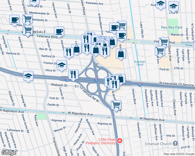map of restaurants, bars, coffee shops, grocery stores, and more near Clearview Parkway in Metairie
