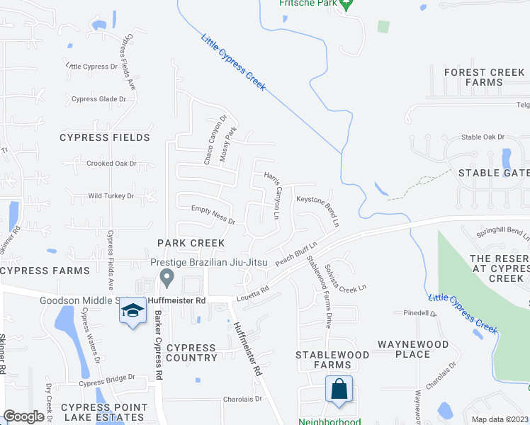 map of restaurants, bars, coffee shops, grocery stores, and more near 15326 Boulder Hollow Lane in Cypress