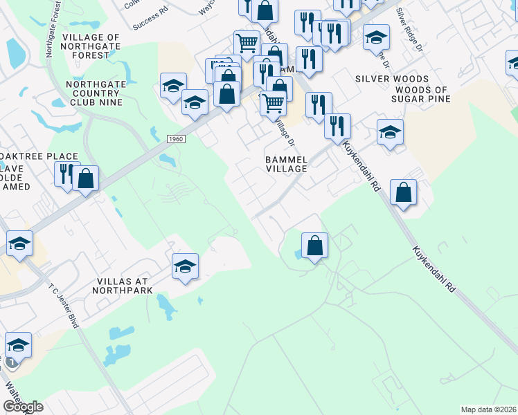 map of restaurants, bars, coffee shops, grocery stores, and more near 2642 Bammelwood Drive in Houston