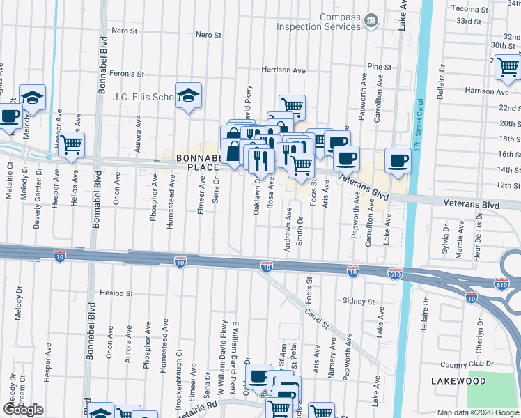 map of restaurants, bars, coffee shops, grocery stores, and more near 645 Rosa Avenue in Metairie