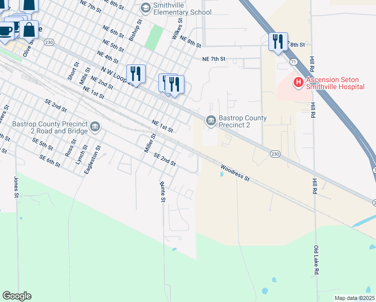 map of restaurants, bars, coffee shops, grocery stores, and more near 54302 Woodress Street in Smithville