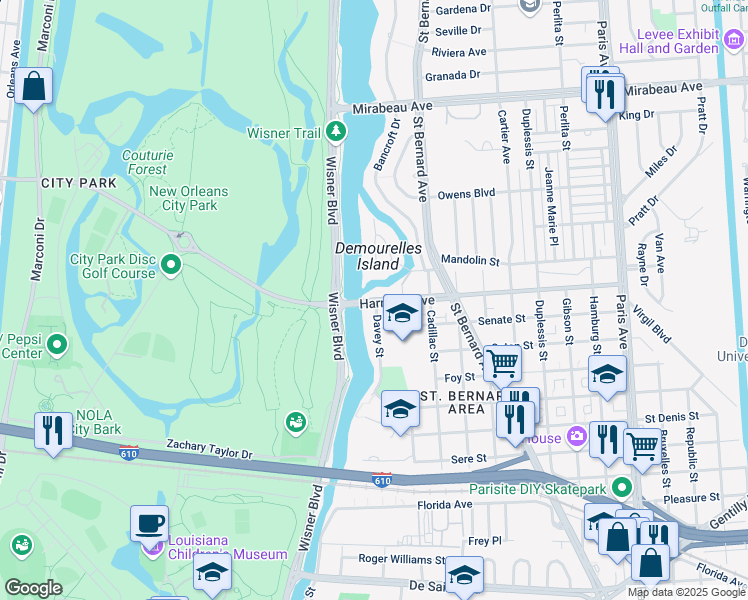 map of restaurants, bars, coffee shops, grocery stores, and more near 1113 Harrison Avenue in New Orleans