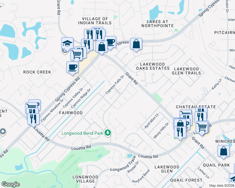 map of restaurants, bars, coffee shops, grocery stores, and more near 14203 Autumn Mist in Cypress