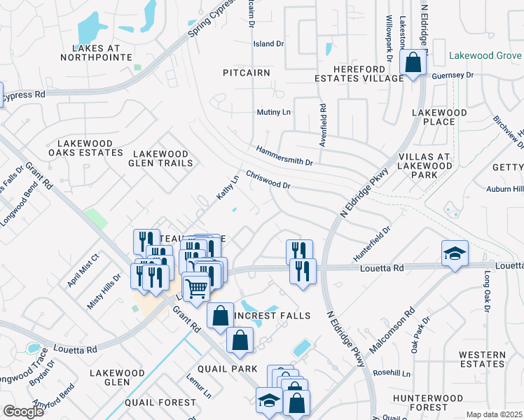 map of restaurants, bars, coffee shops, grocery stores, and more near 12906 Elmington Court in Cypress