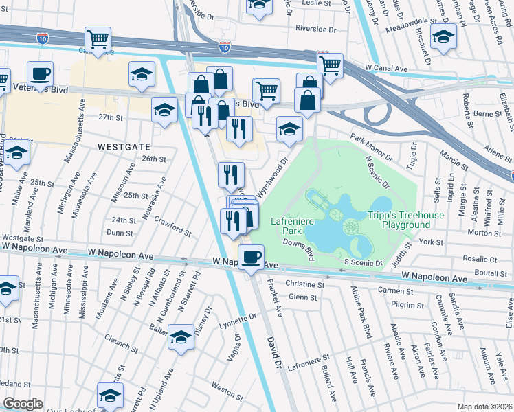 map of restaurants, bars, coffee shops, grocery stores, and more near 2609 Longwood Drive in Metairie