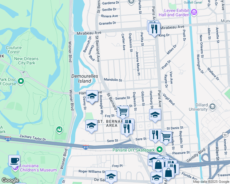 map of restaurants, bars, coffee shops, grocery stores, and more near 1345 Harrison Avenue in New Orleans