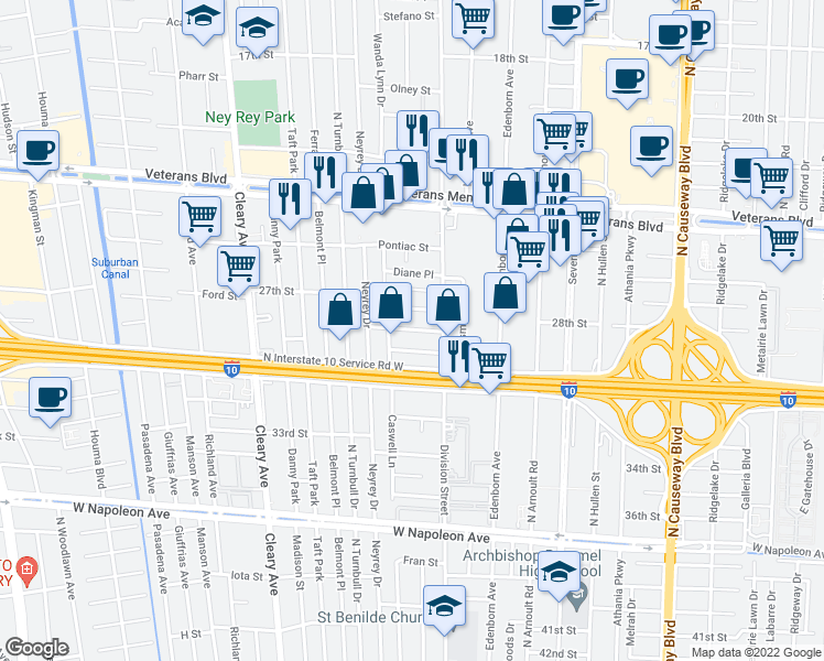 map of restaurants, bars, coffee shops, grocery stores, and more near 3730 Brandywine Drive in Metairie