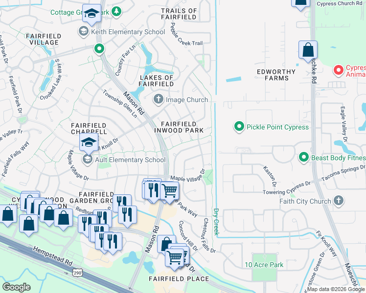 map of restaurants, bars, coffee shops, grocery stores, and more near 15502 Meadow Palm Drive in Cypress