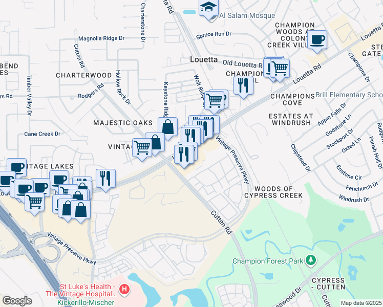 map of restaurants, bars, coffee shops, grocery stores, and more near 10123 Louetta Road in Houston