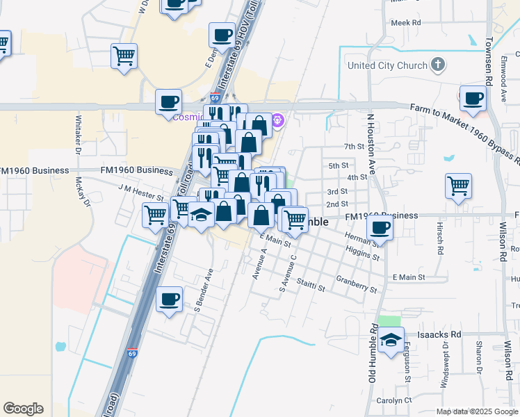 map of restaurants, bars, coffee shops, grocery stores, and more near 201 1st Street East in Humble