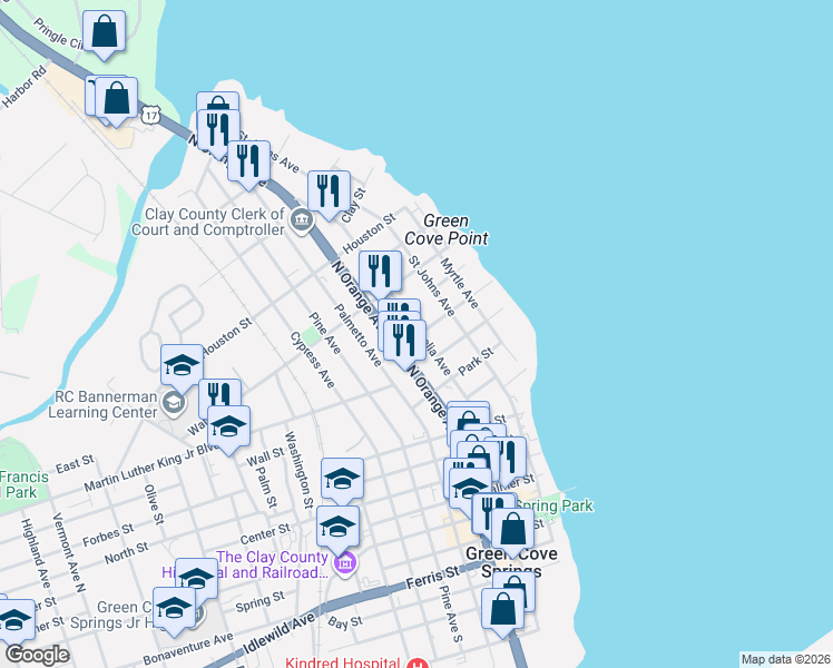 map of restaurants, bars, coffee shops, grocery stores, and more near 613 Magnolia Avenue North in Green Cove Springs