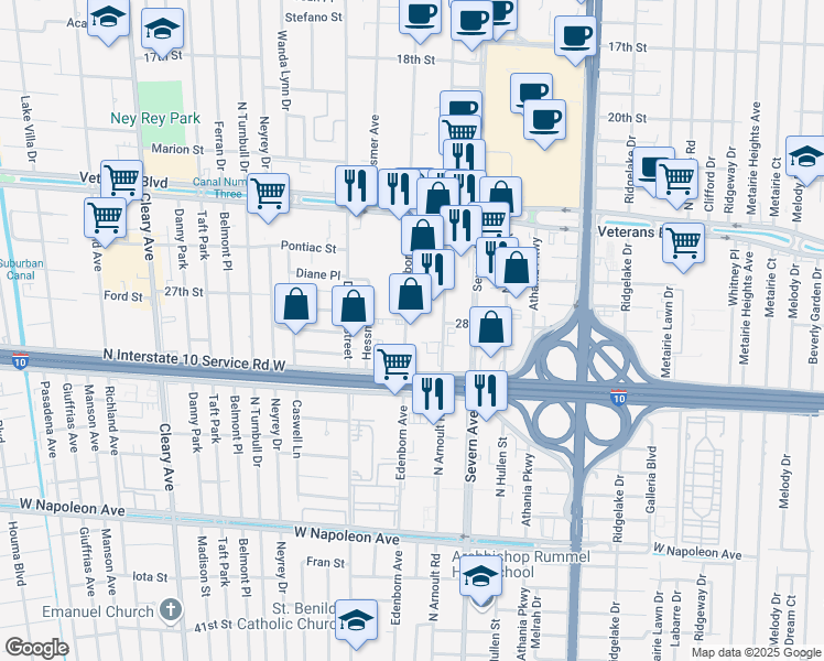 map of restaurants, bars, coffee shops, grocery stores, and more near 2617 Edenborn Avenue in Metairie