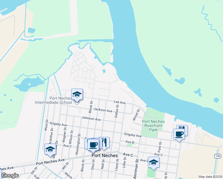 map of restaurants, bars, coffee shops, grocery stores, and more near 608 Dallas Street in Port Neches
