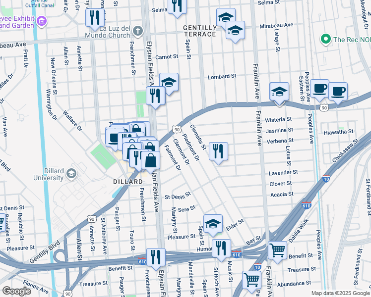 map of restaurants, bars, coffee shops, grocery stores, and more near 4115 Clermont Drive in New Orleans