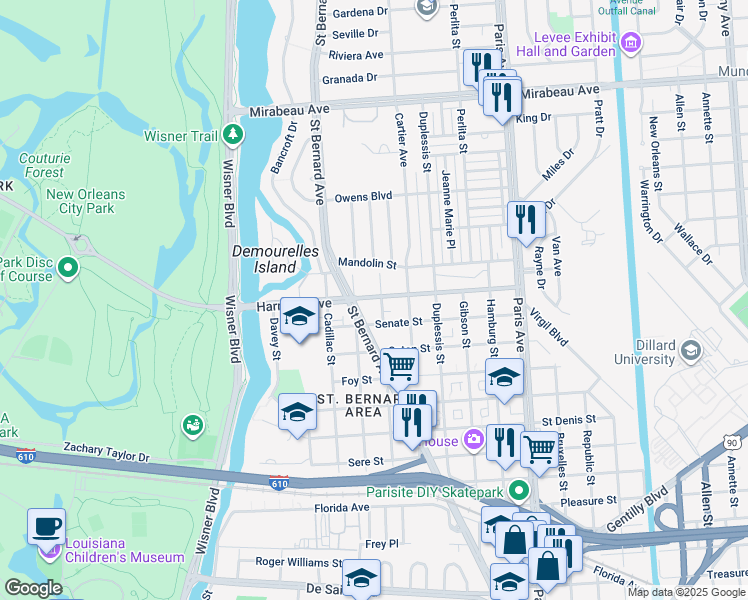 map of restaurants, bars, coffee shops, grocery stores, and more near 1345 Harrison Avenue in New Orleans