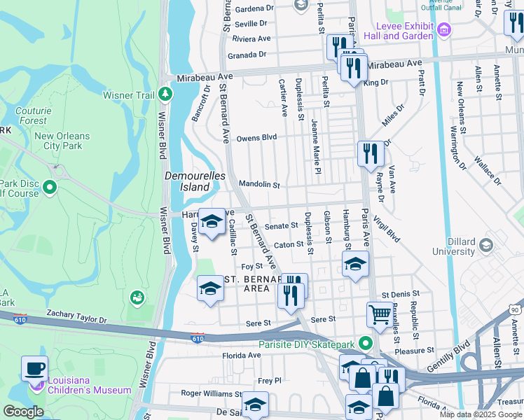 map of restaurants, bars, coffee shops, grocery stores, and more near 1345 Harrison Avenue in New Orleans