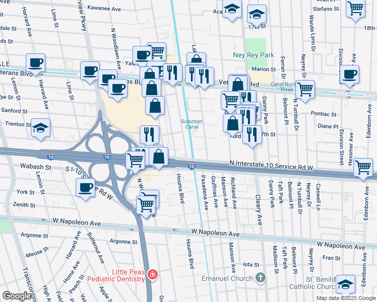 map of restaurants, bars, coffee shops, grocery stores, and more near 4117 Utica Street in Metairie