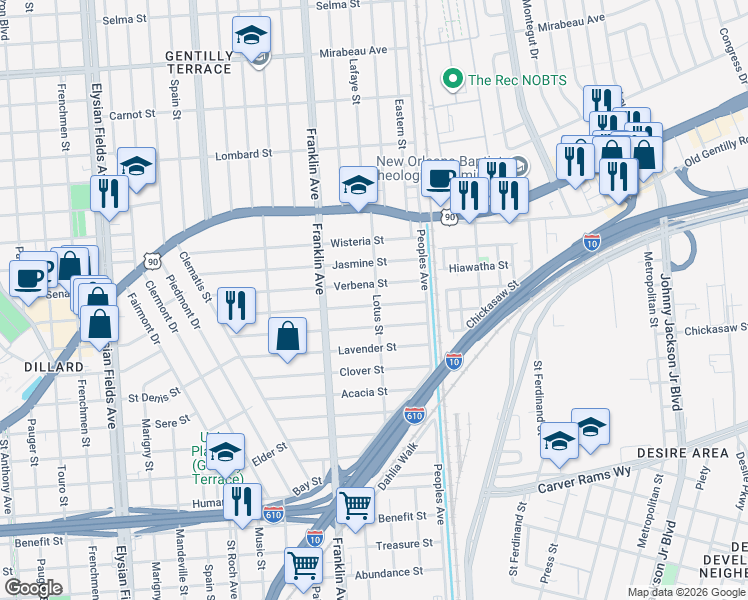 map of restaurants, bars, coffee shops, grocery stores, and more near 2684 Verbena Street in New Orleans