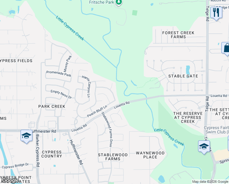 map of restaurants, bars, coffee shops, grocery stores, and more near 15414 Paloma Crossing Court in Cypress