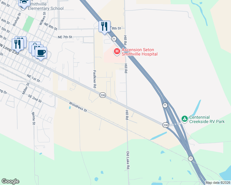 map of restaurants, bars, coffee shops, grocery stores, and more near 321 Quail Run Lane in Smithville
