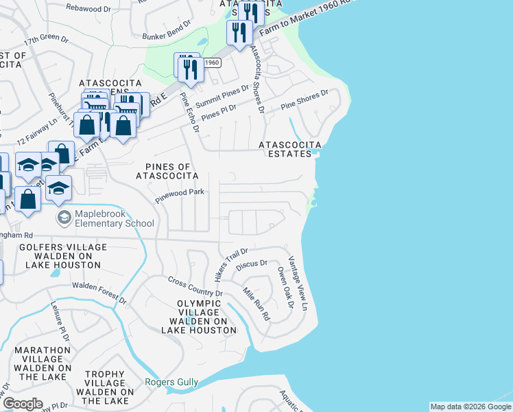 map of restaurants, bars, coffee shops, grocery stores, and more near 218 Camp Lillie Road in Humble