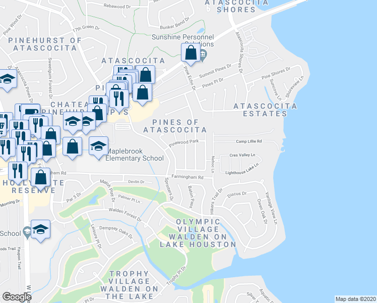 map of restaurants, bars, coffee shops, grocery stores, and more near 19410 Arbor Pines Lane in Humble