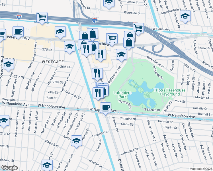 map of restaurants, bars, coffee shops, grocery stores, and more near 2609 Longwood Drive in Metairie