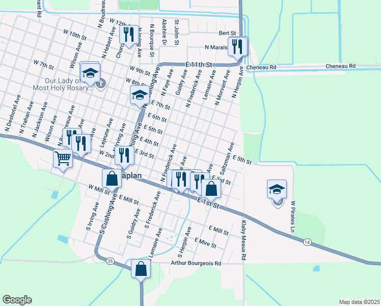 map of restaurants, bars, coffee shops, grocery stores, and more near 401 Lemaire Avenue in Kaplan