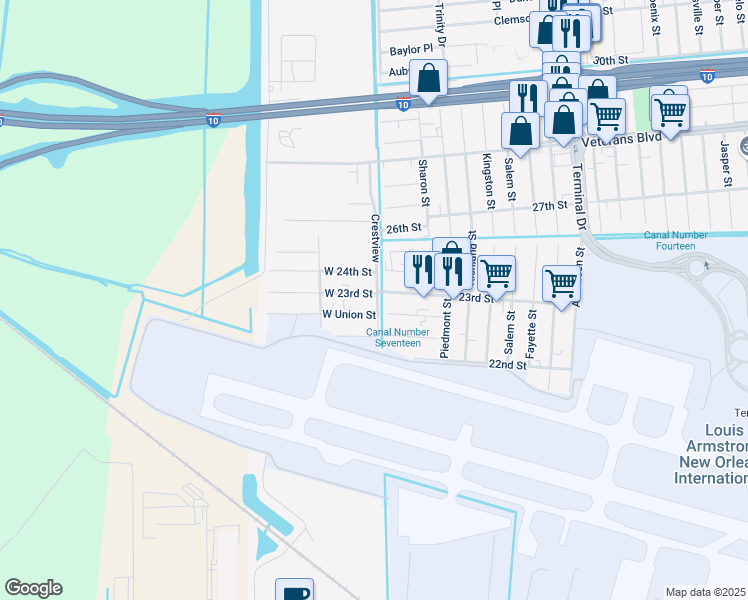 map of restaurants, bars, coffee shops, grocery stores, and more near 3 West 23rd Street in Kenner