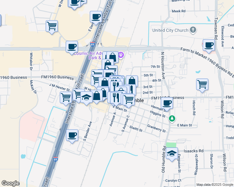 map of restaurants, bars, coffee shops, grocery stores, and more near 228 1st Street East in Humble