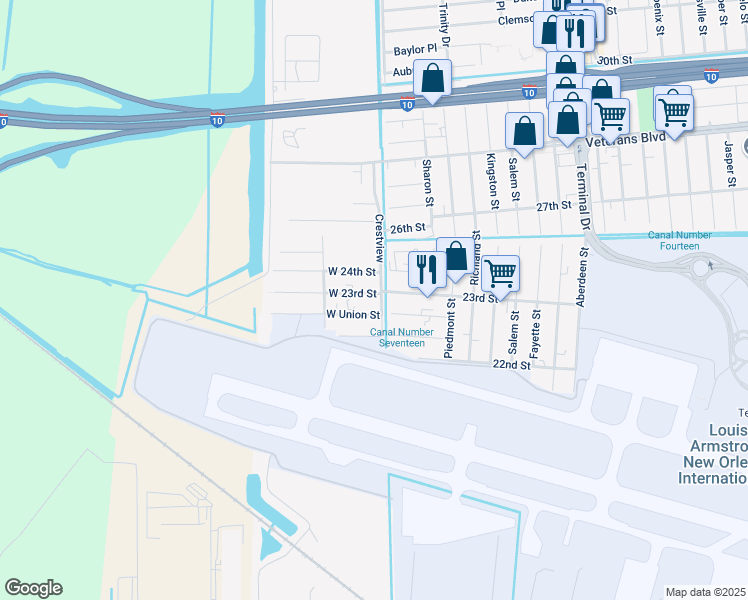 map of restaurants, bars, coffee shops, grocery stores, and more near 5 West 23rd Street in Kenner