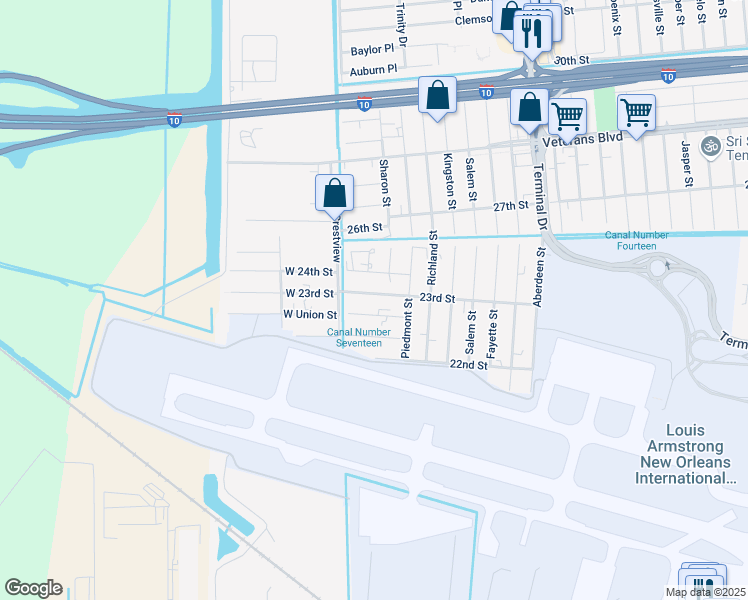 map of restaurants, bars, coffee shops, grocery stores, and more near 30a 23rd Street in Kenner