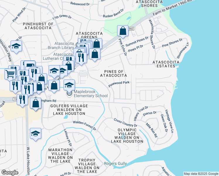 map of restaurants, bars, coffee shops, grocery stores, and more near 19402 Pinewood Mist Lane in Humble